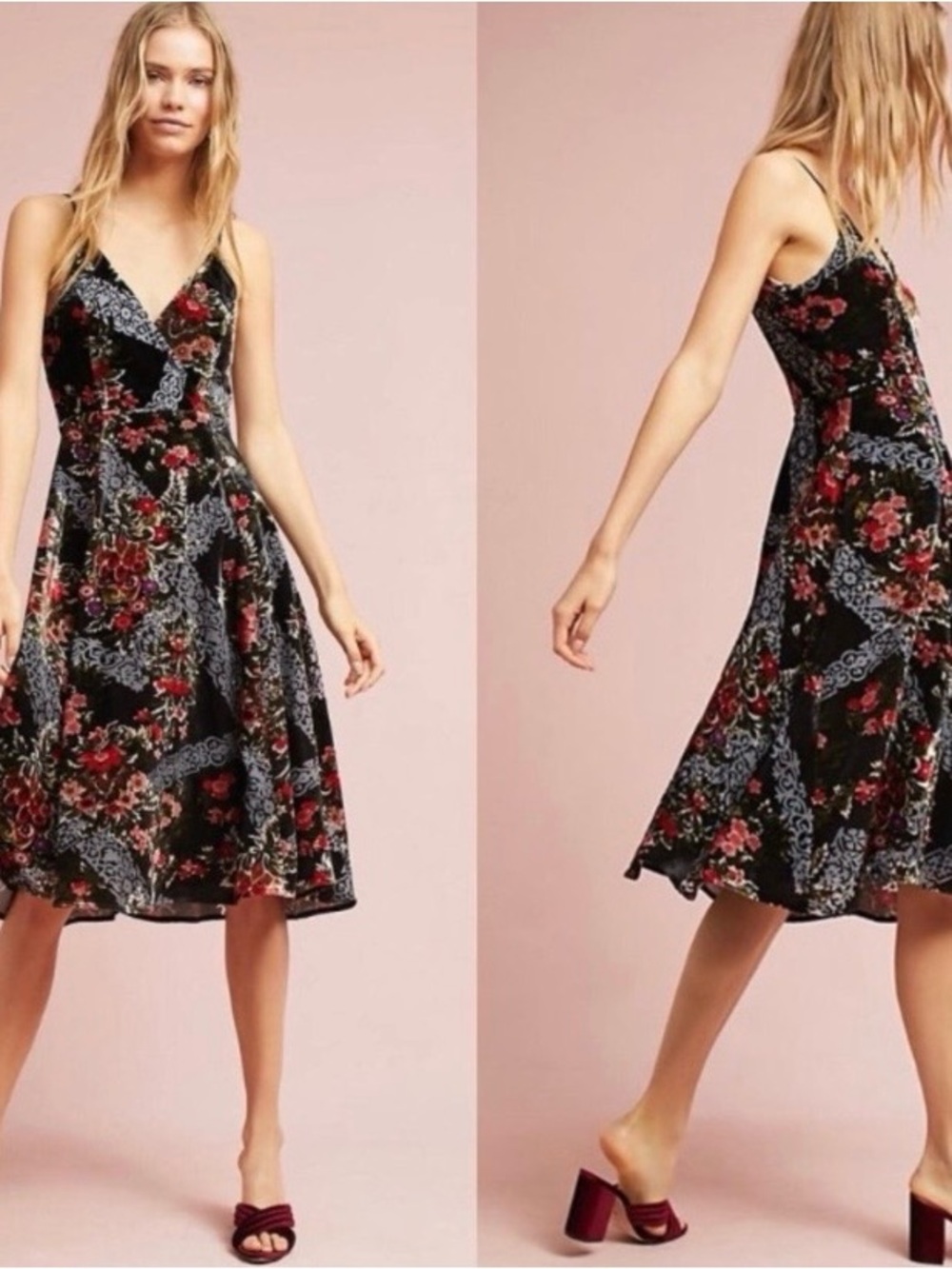 Anthropologie Black Floral V-Neck Midi Dress with Red and Blue Accents